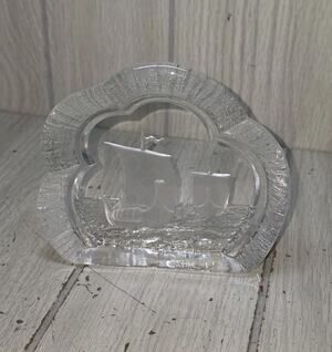 NYBRO Crystal Sweden Sailing Viking Ships Paperweight Signed Nautical Decor